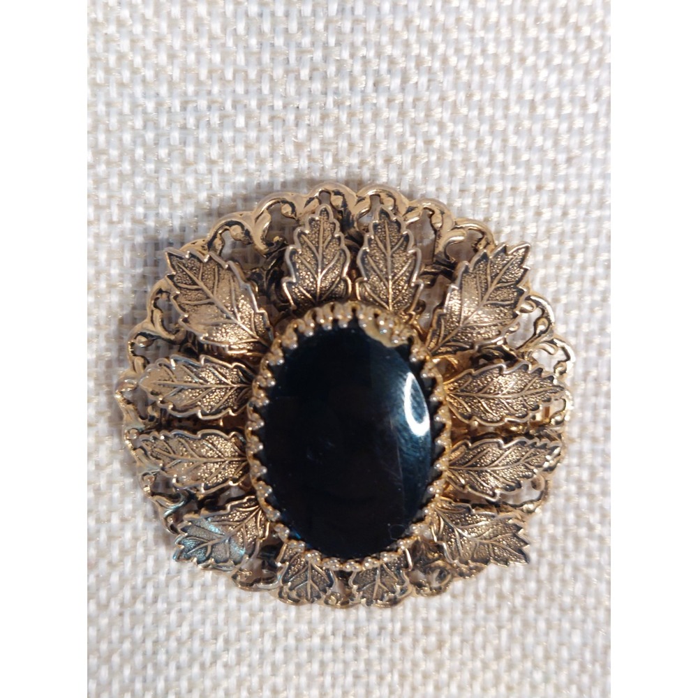 Black Cabochon Brooch Pendant Convertible Pin Faux Onyx Leaf Vintage Gold Tone - Picture 3 of 9
